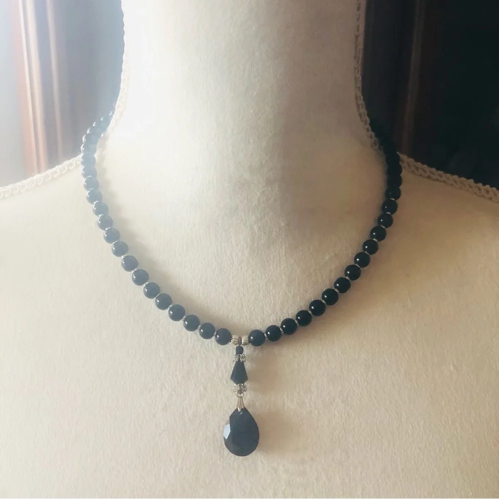 Handcrafted repurpose faceted black crystal pendant Czech glass Pearl necklace